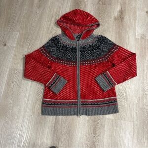 SKYR 100% Wool Nordic Fair Isle Hooded Full Zip Sweater in Red Grey Black Size L